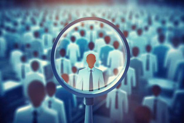 magnifying glass focused group people looking person crowd searching candidate employment labor market 77190 15812